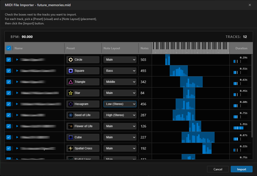 MIDI file import screenshot